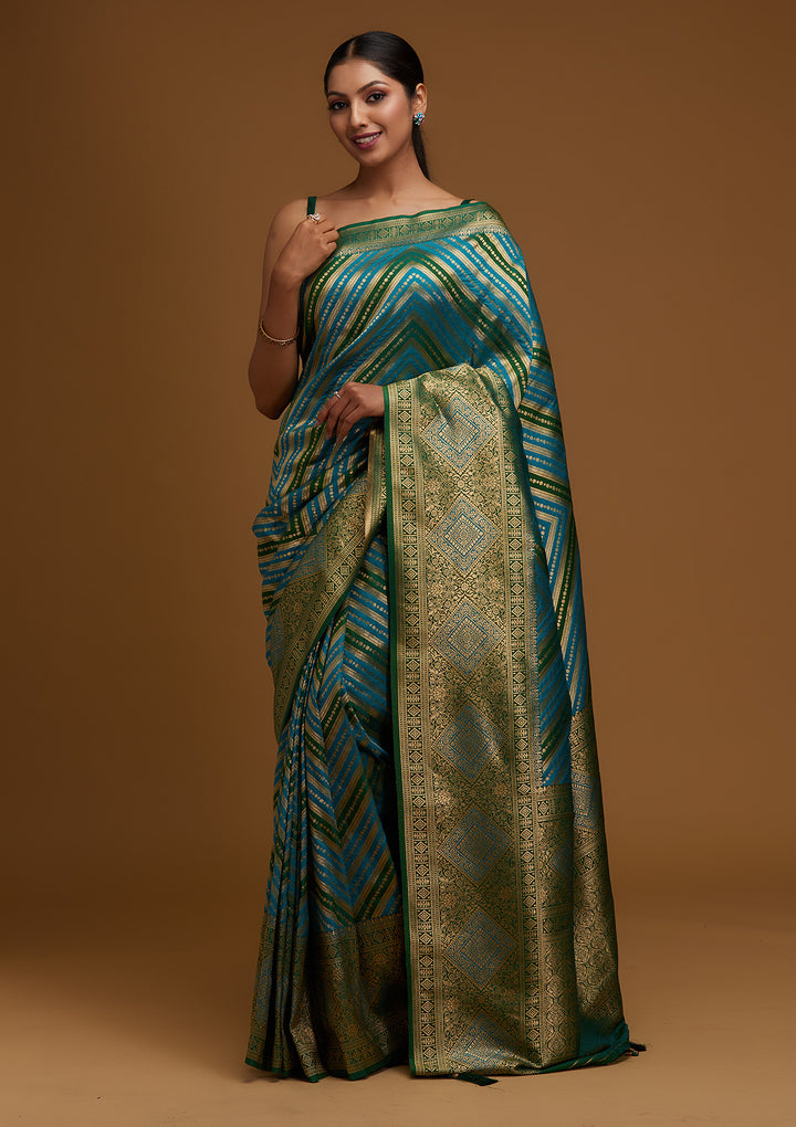 Turquoise Blue Zariwork Art Silk Designer Saree - Koskii