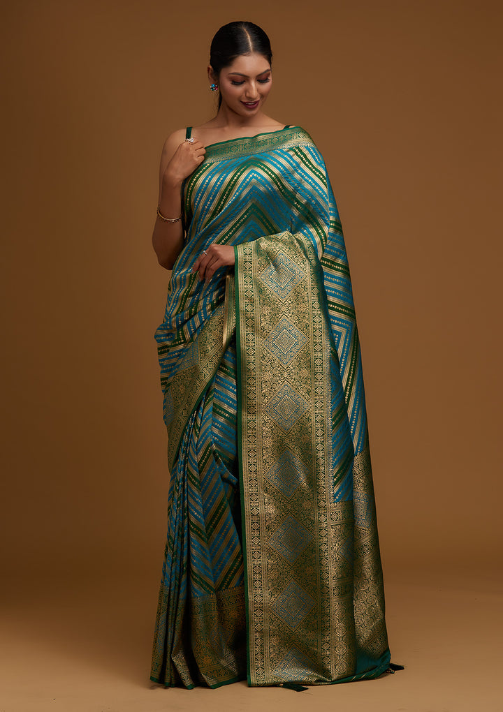 Turquoise Blue Zariwork Art Silk Designer Saree - Koskii