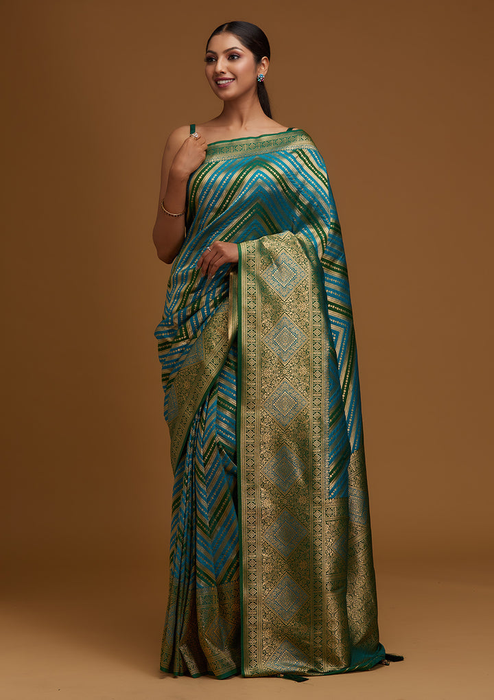 Turquoise Blue Zariwork Art Silk Designer Saree - Koskii