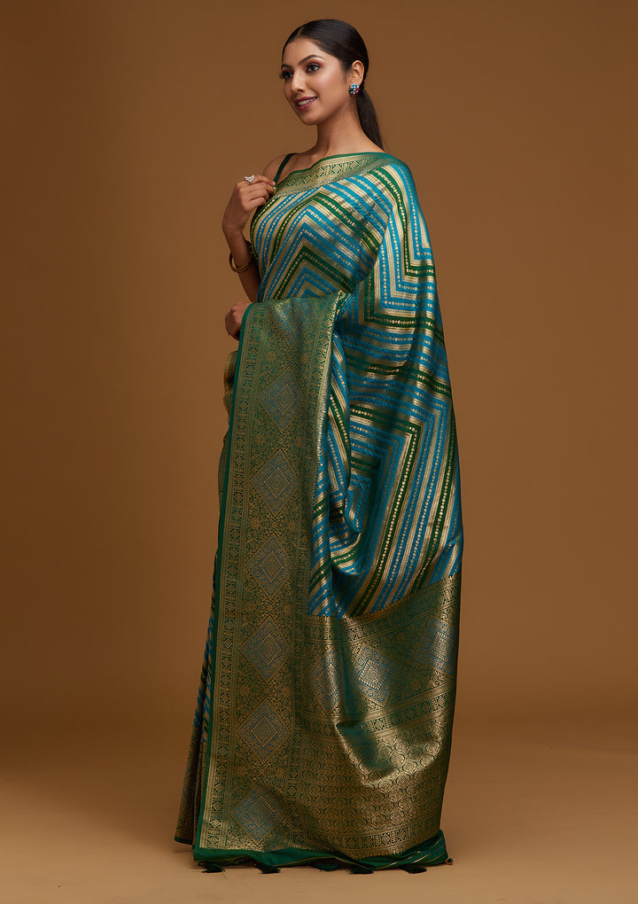 Turquoise Blue Zariwork Art Silk Designer Saree - Koskii