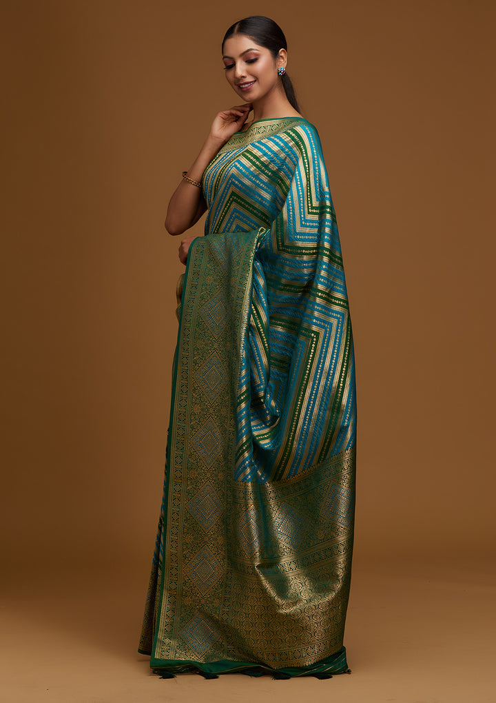 Turquoise Blue Zariwork Art Silk Designer Saree - Koskii