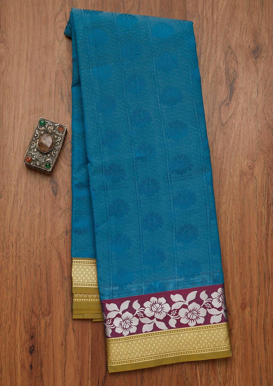 Turquoise Blue Zariwork Art Silk Saree- Koskii