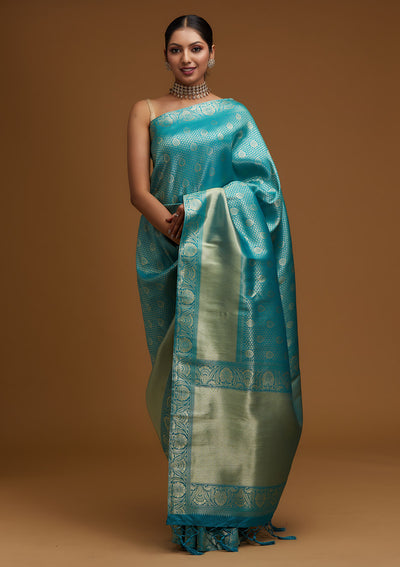 Turquoise Blue Zariwork Brocade Designer Saree - Koskii