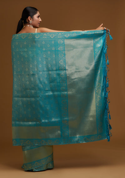 Turquoise Blue Zariwork Brocade Designer Saree - Koskii