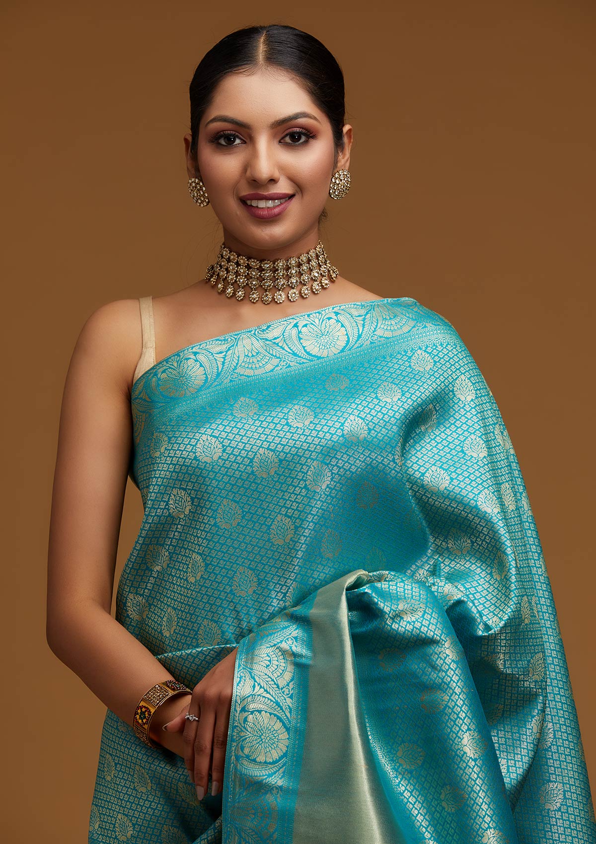 Turquoise Blue Zariwork Brocade Designer Saree - Koskii
