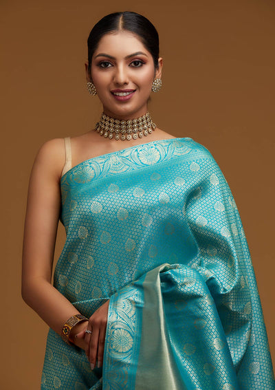 Turquoise Blue Zariwork Brocade Designer Saree - Koskii