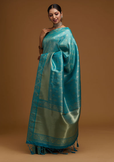 Turquoise Blue Zariwork Brocade Designer Saree - Koskii
