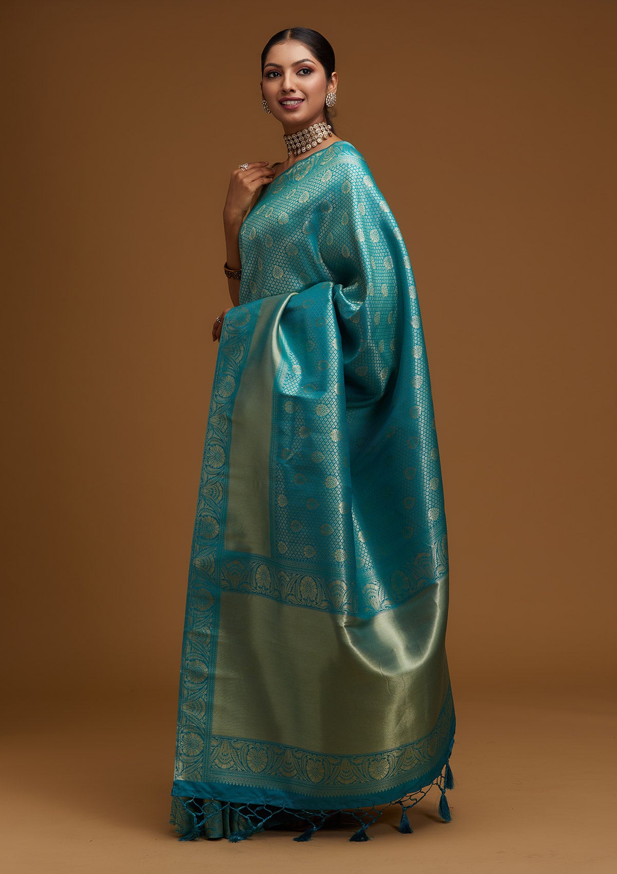 Turquoise Blue Zariwork Brocade Designer Saree - Koskii