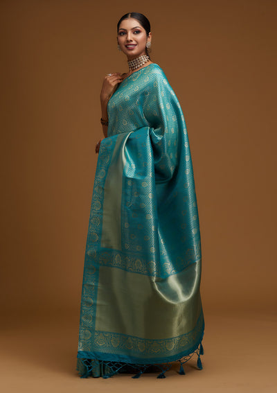 Turquoise Blue Zariwork Brocade Designer Saree - Koskii