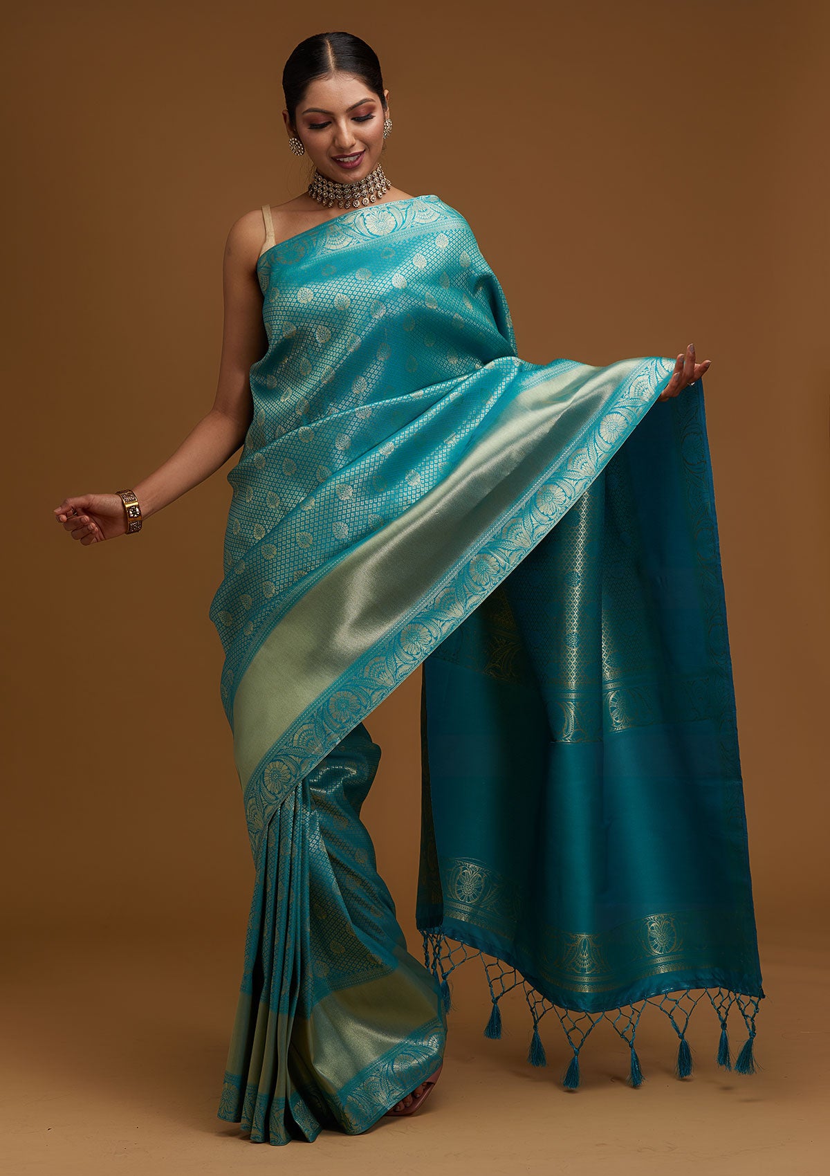 Turquoise Blue Zariwork Brocade Designer Saree - Koskii