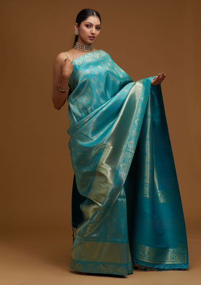 Turquoise Blue Zariwork Brocade Designer Saree - Koskii