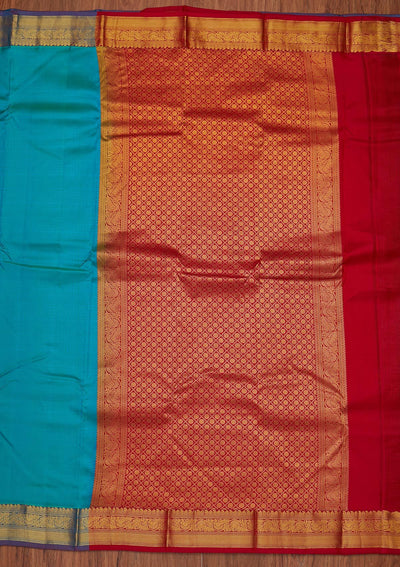 Turquoise Blue Zariwork Pure Silk Designer Unstitched Saree - Koskii