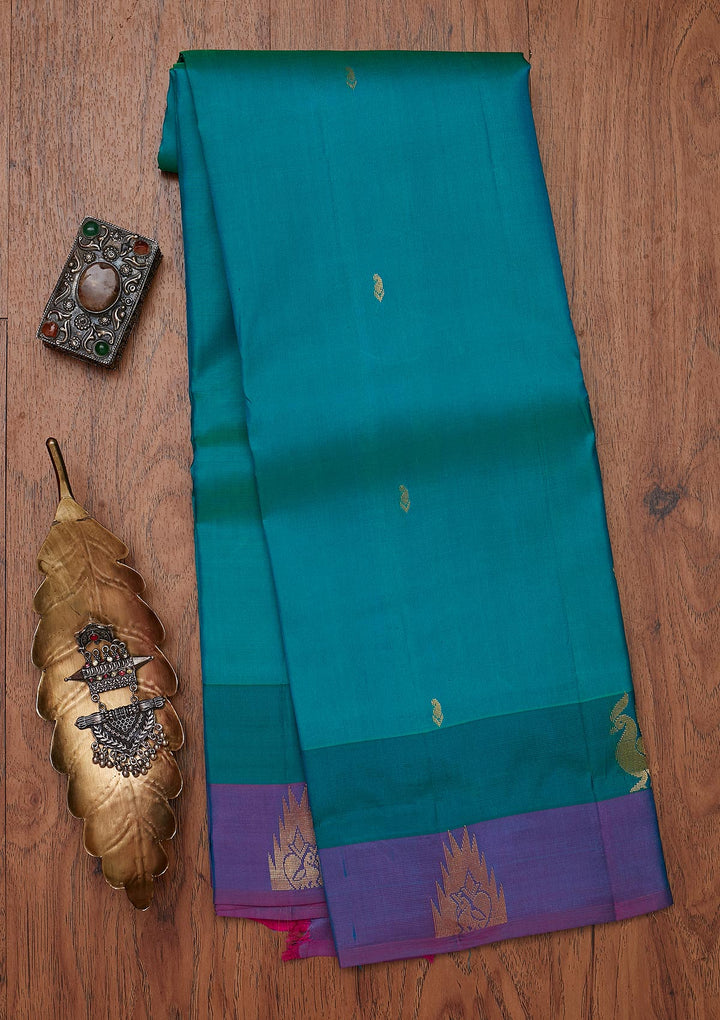 Turquoise Blue Zariwork Pure Silk Designer Unstitched Saree - Koskii