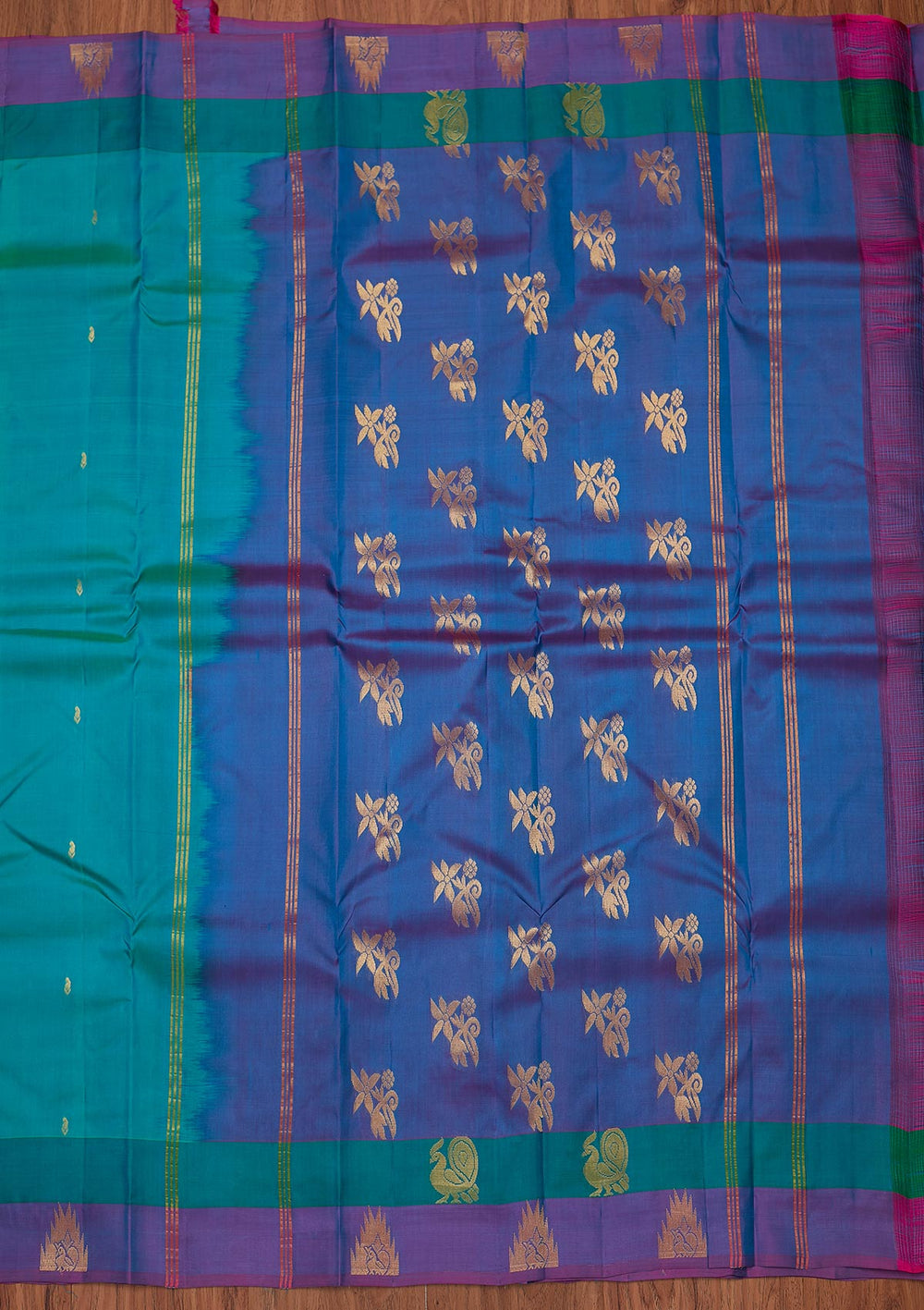 Turquoise Blue Zariwork Pure Silk Designer Unstitched Saree - Koskii
