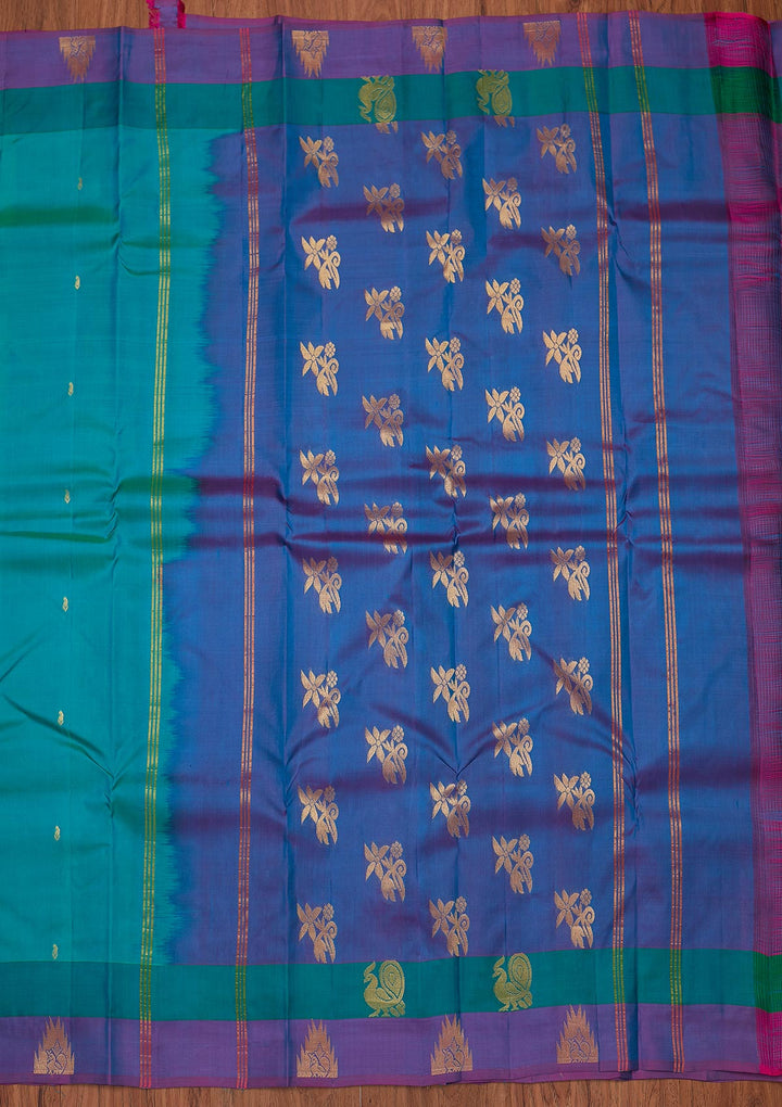 Turquoise Blue Zariwork Pure Silk Designer Unstitched Saree - Koskii