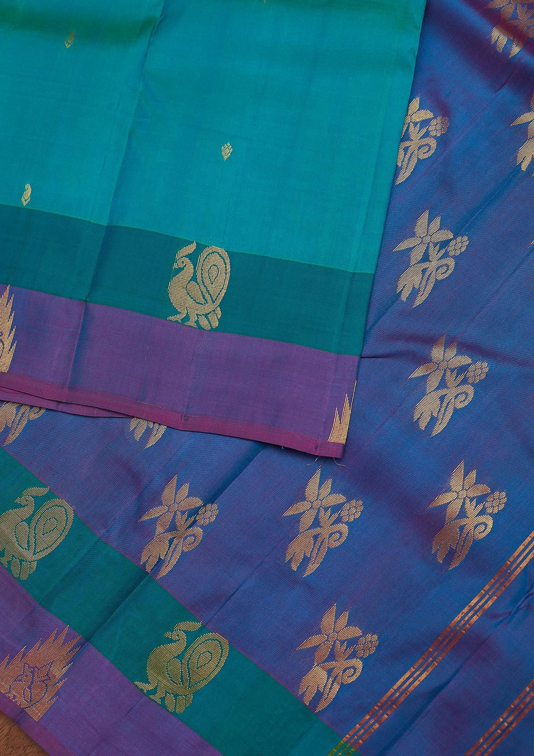 Turquoise Blue Zariwork Pure Silk Designer Unstitched Saree - Koskii
