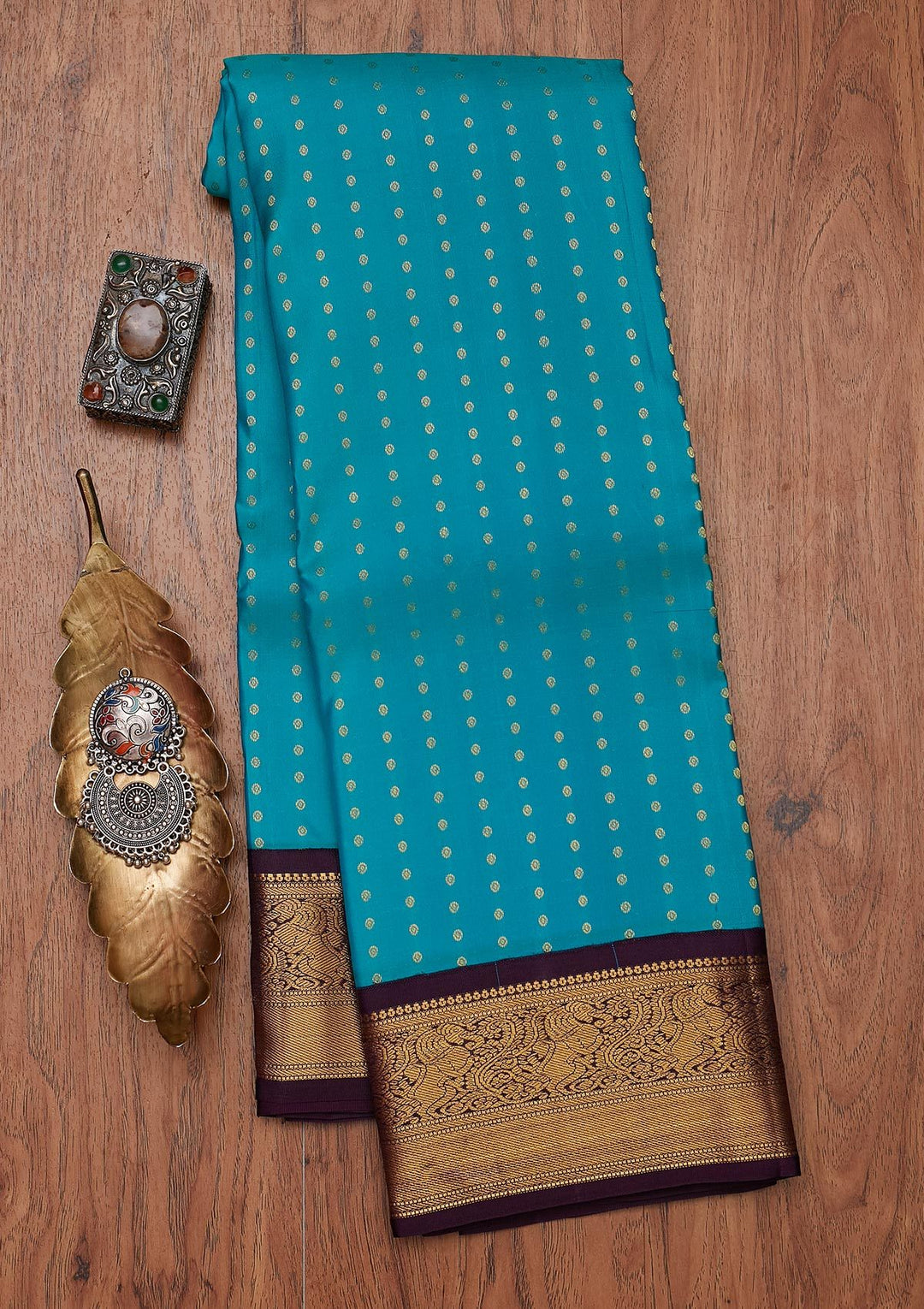 Turquoise Blue Zariwork Pure Silk Designer Unstitched Saree - Koskii