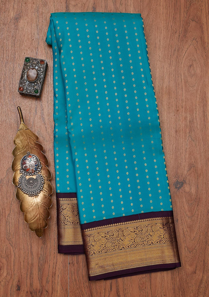 Turquoise Blue Zariwork Pure Silk Designer Unstitched Saree - Koskii