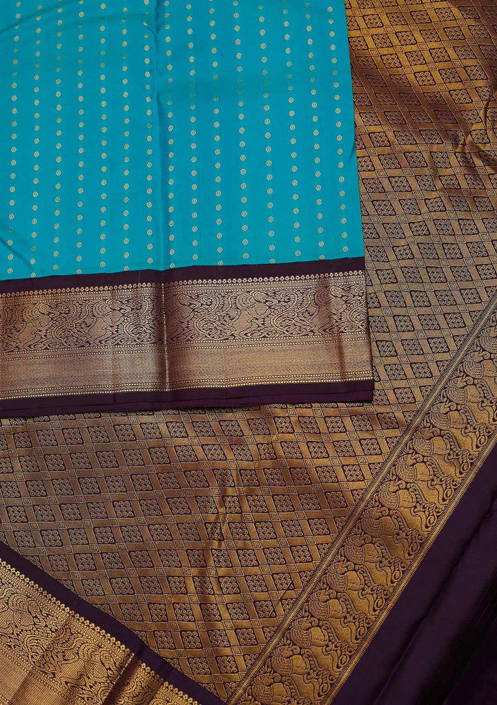 Turquoise Blue Zariwork Pure Silk Designer Unstitched Saree - Koskii