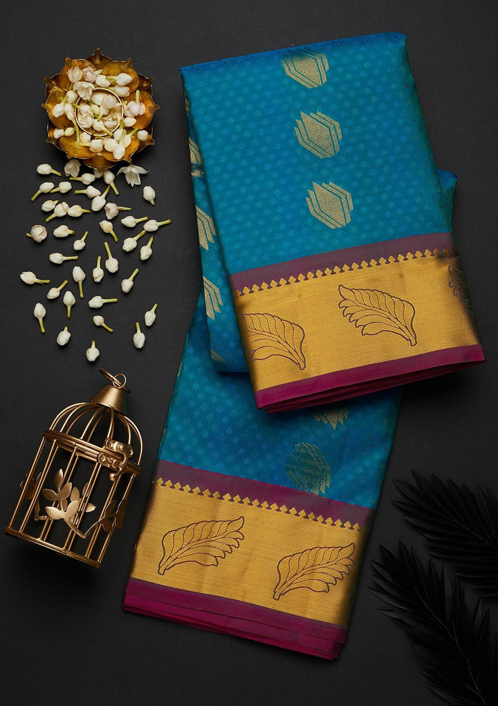 Turquoise Blue Zariwork Pure Silk Designer Saree - Koskii
