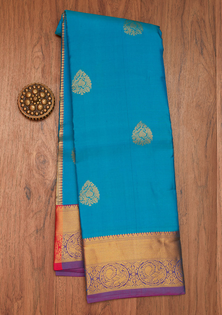 Turquiose Blue Zariwork Pure Silk Saree- Koskii