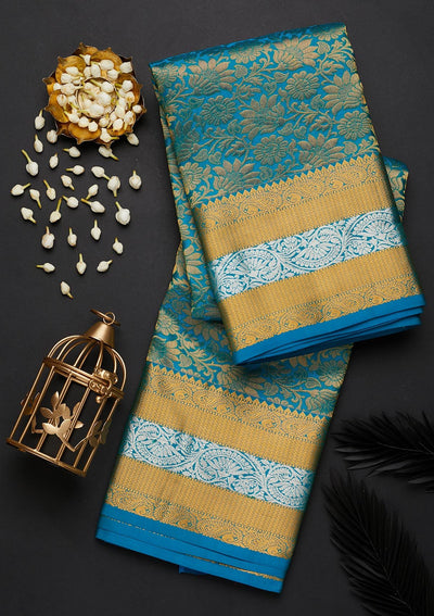 Turquoise Blue Zariwork Pure Silk Designer Saree - Koskii
