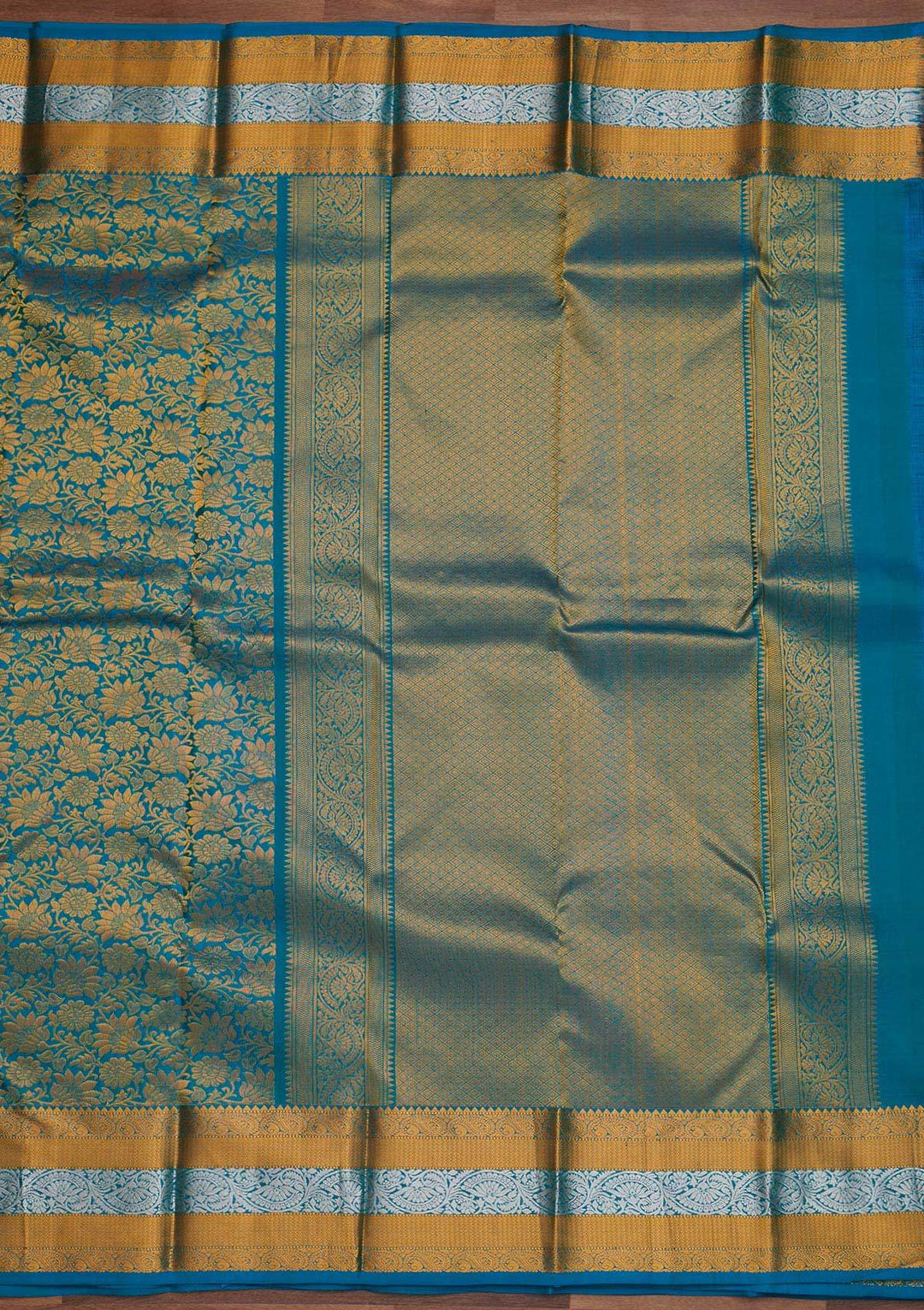 Turquoise Blue Zariwork Pure Silk Designer Saree - Koskii