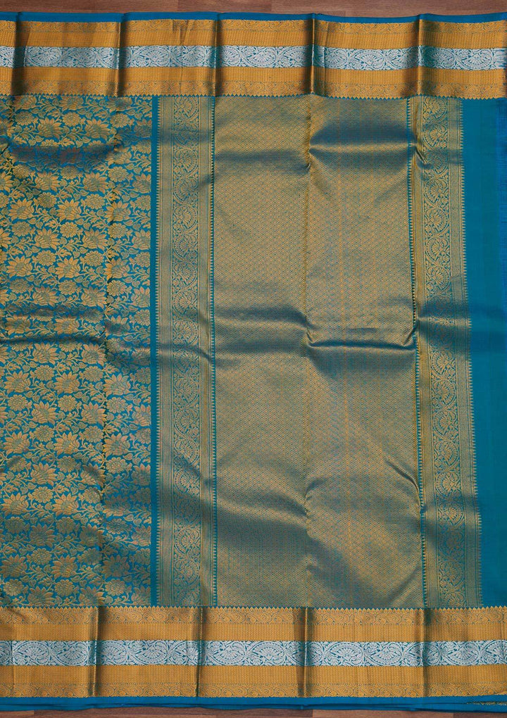 Turquoise Blue Zariwork Pure Silk Designer Saree - Koskii