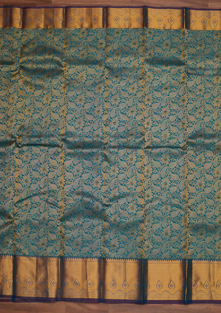 Turquoise Blue Zariwork Pure Silk Designer Saree - Koskii