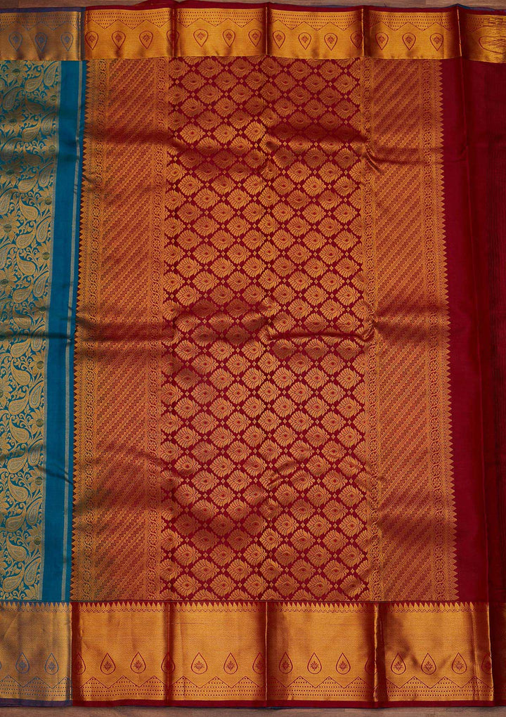 Turquoise Blue Zariwork Pure Silk Designer Saree - Koskii