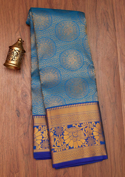 Turquoise Blue Zariwork Pure Silk Saree- Koskii