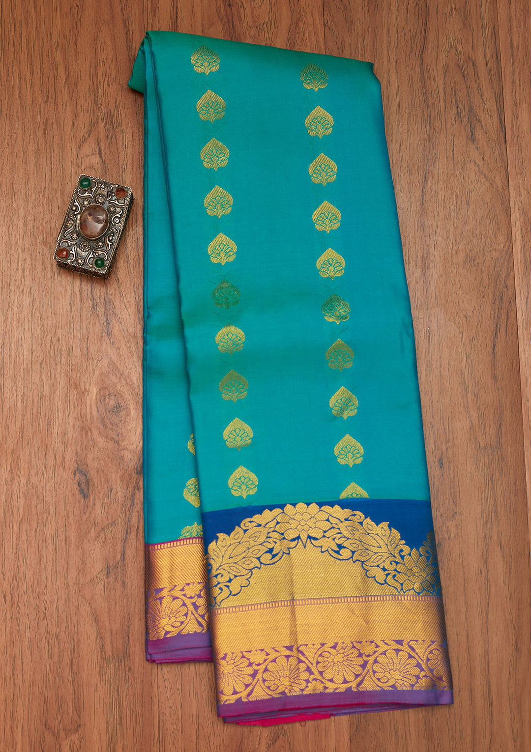 Turquoise Blue Zariwork Pure Silk Saree- Koskii