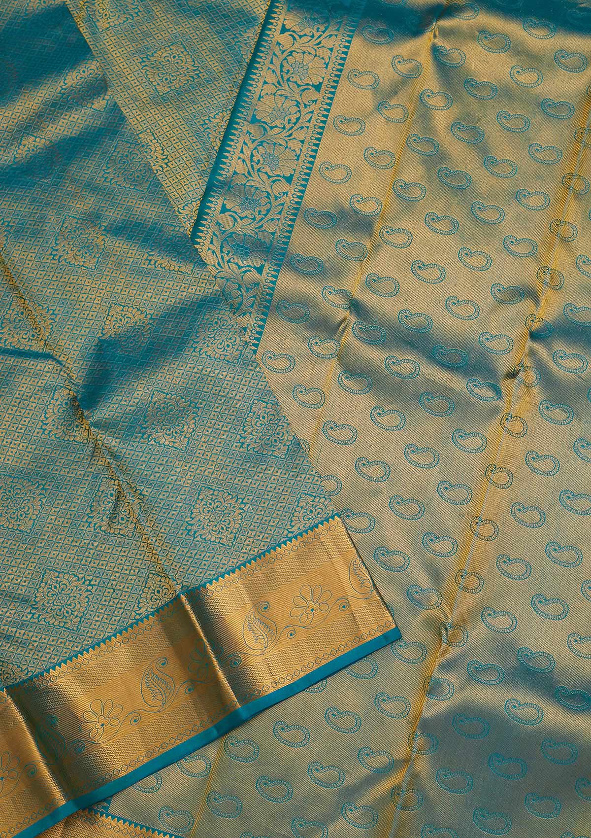 Turquoise Blue Zariwork Pure Silk Saree-Koskii