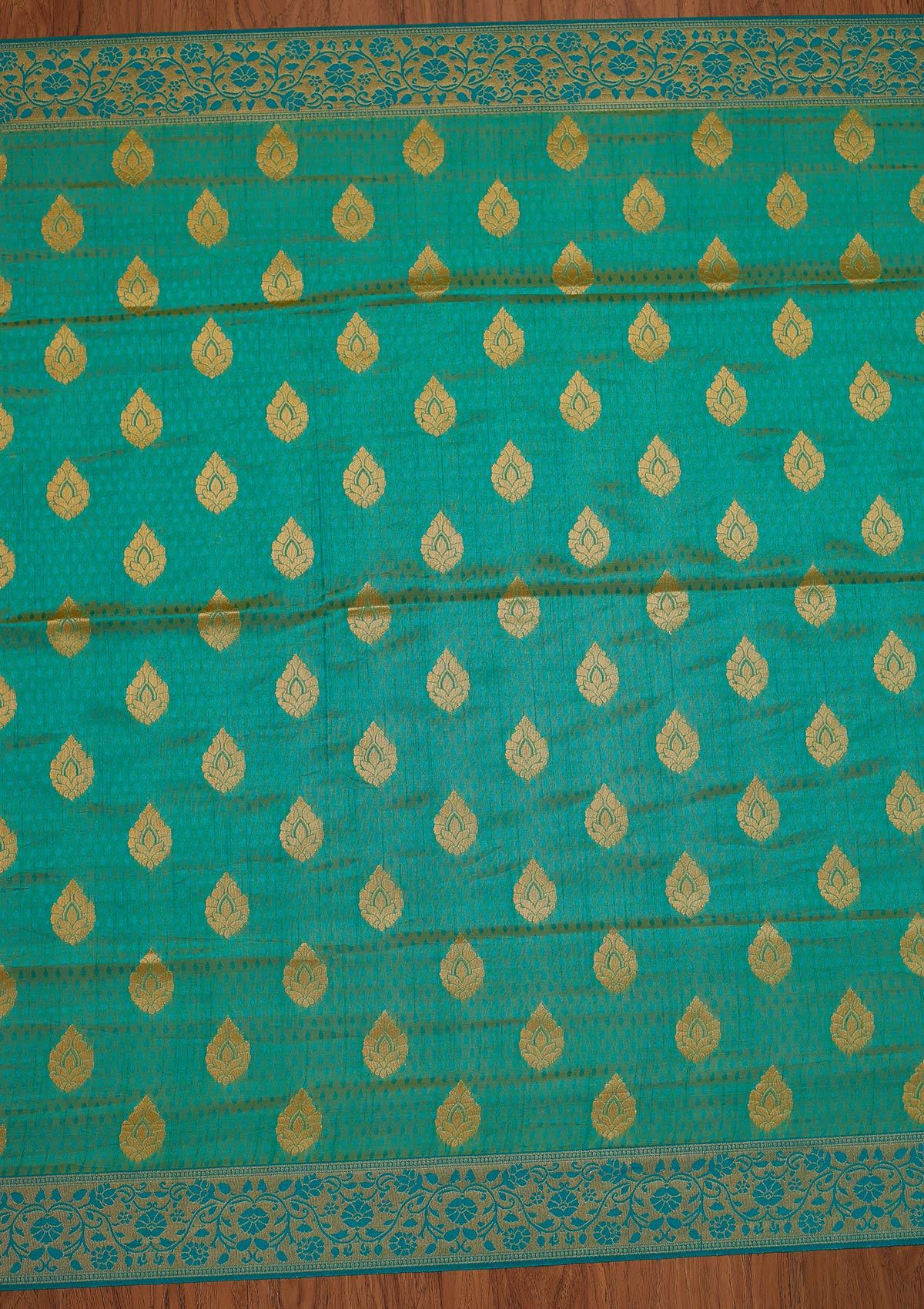 Turquoise Blue Zariwork Raw Silk Designer Saree - koskii