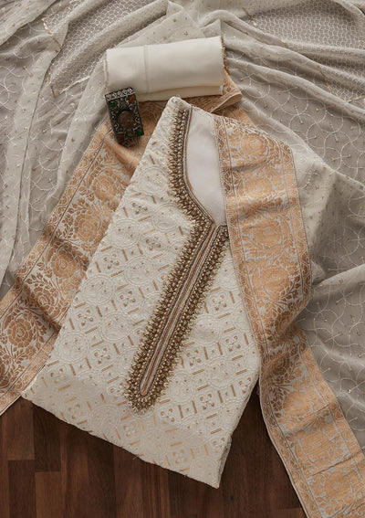 White Sequins Georgette Designer Unstitched Salwar Suit - Koskii