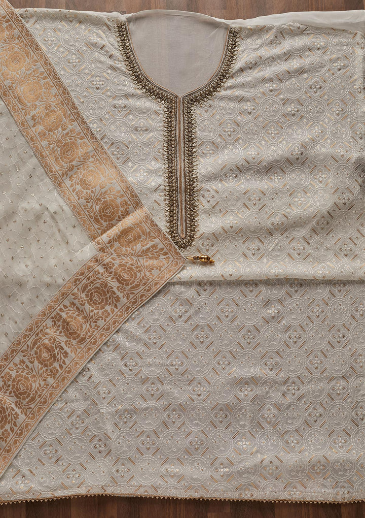 White Sequins Georgette Designer Unstitched Salwar Suit - Koskii
