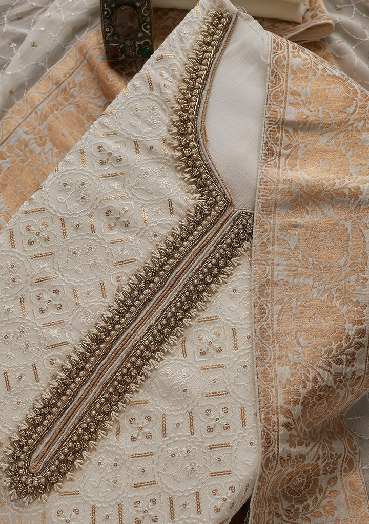 White Sequins Georgette Designer Unstitched Salwar Suit - Koskii