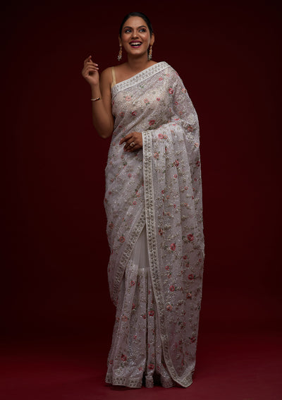 White Sequins Net Designer Saree - Koskii