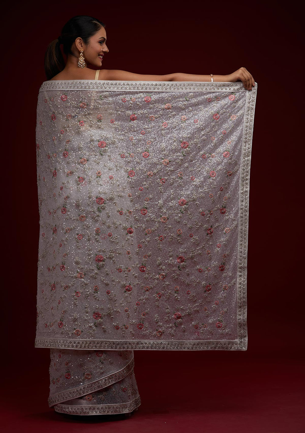White Sequins Net Designer Saree - Koskii