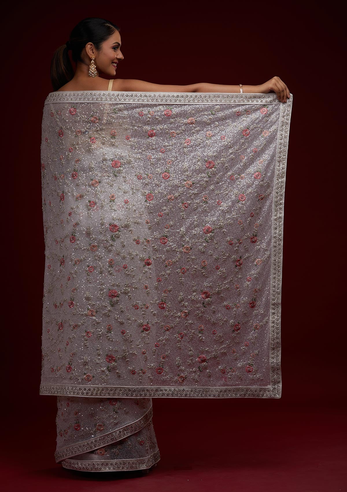 White Sequins Net Designer Saree - Koskii