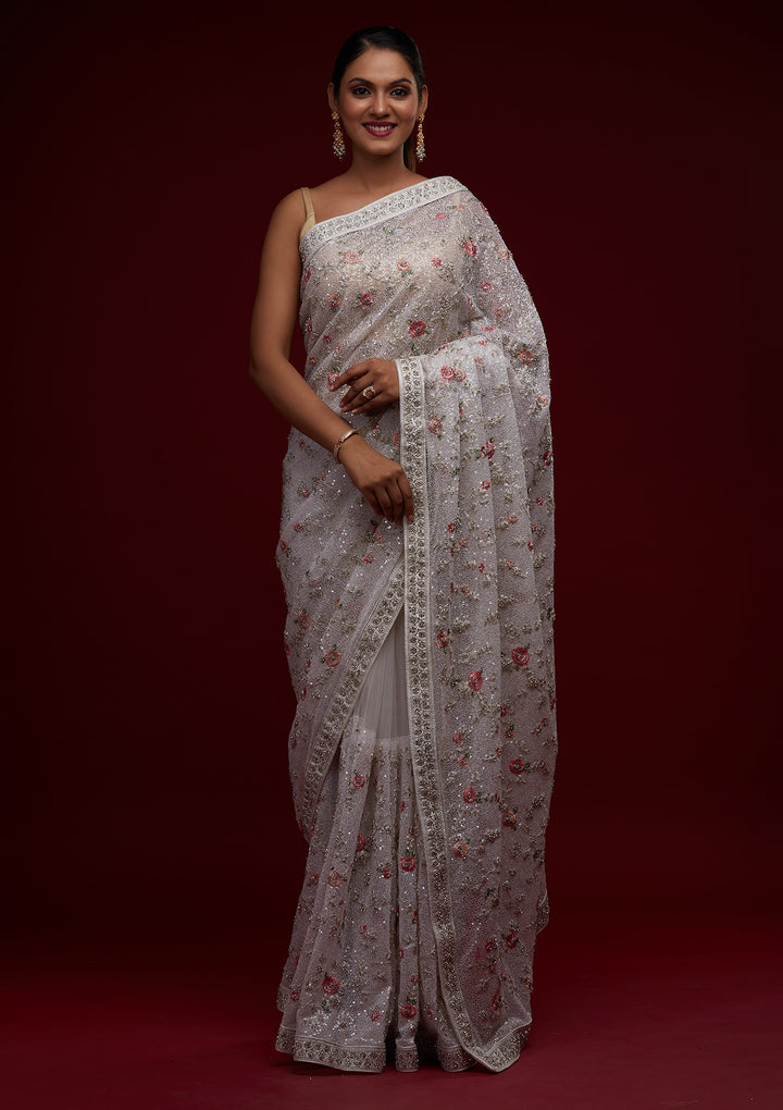 White Sequins Net Designer Saree - Koskii