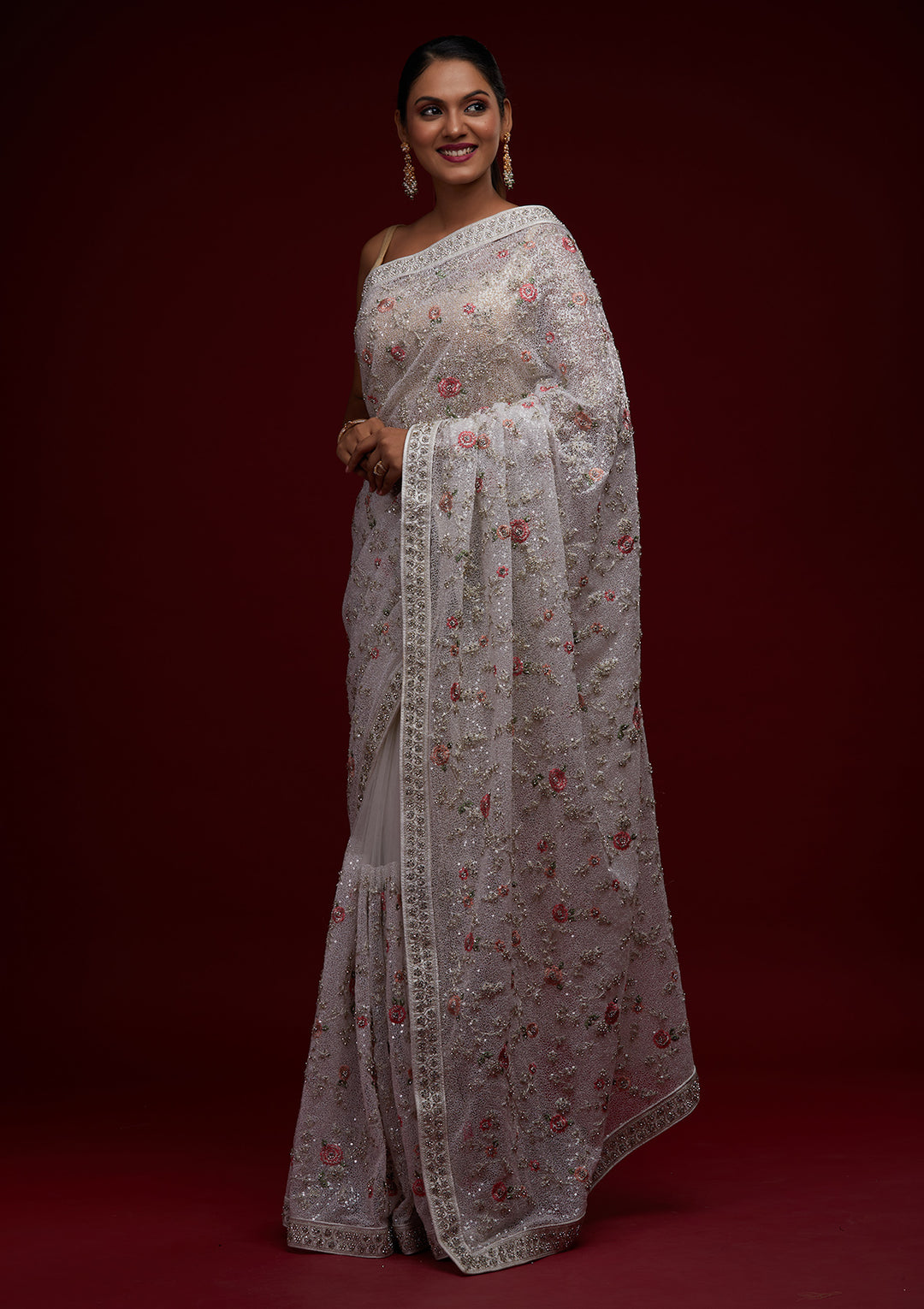White Sequins Net Designer Saree - Koskii