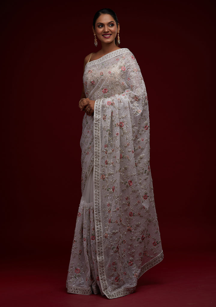 White Sequins Net Designer Saree - Koskii