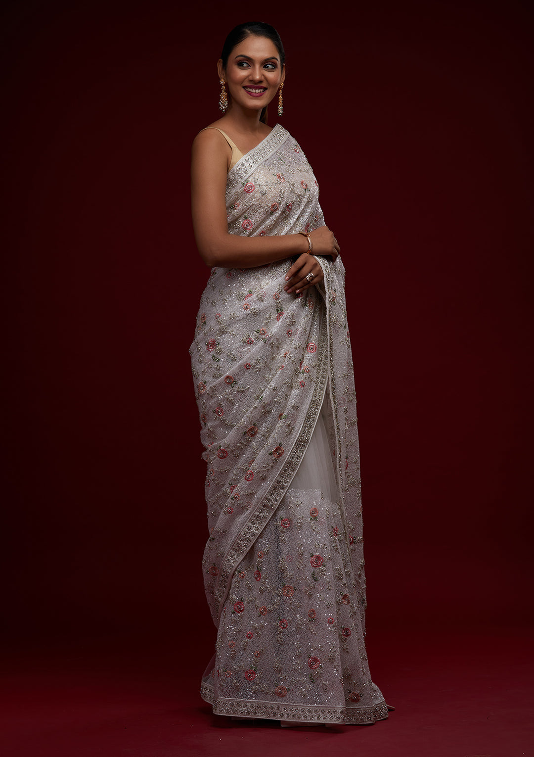 White Sequins Net Designer Saree - Koskii