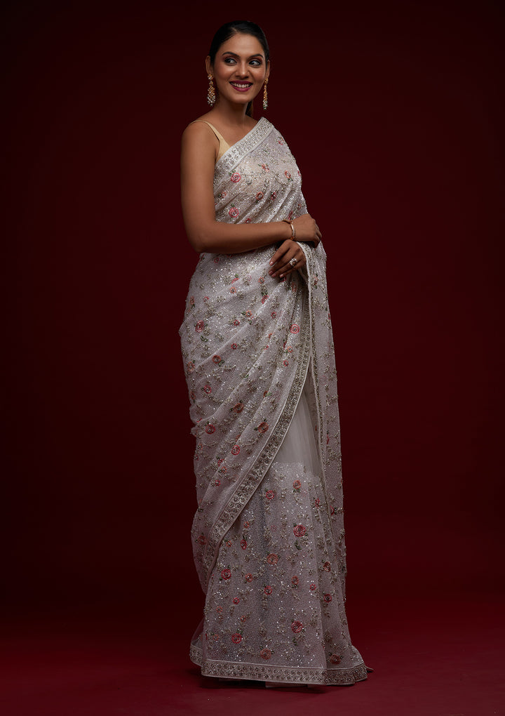 White Sequins Net Designer Saree - Koskii