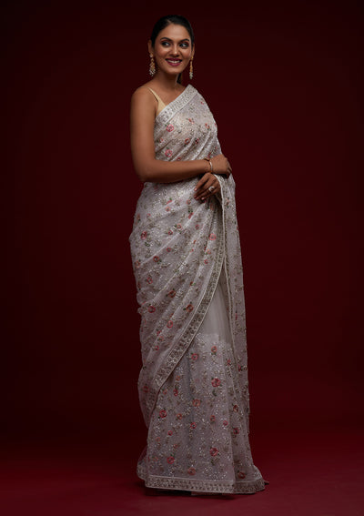 White Sequins Net Designer Saree - Koskii