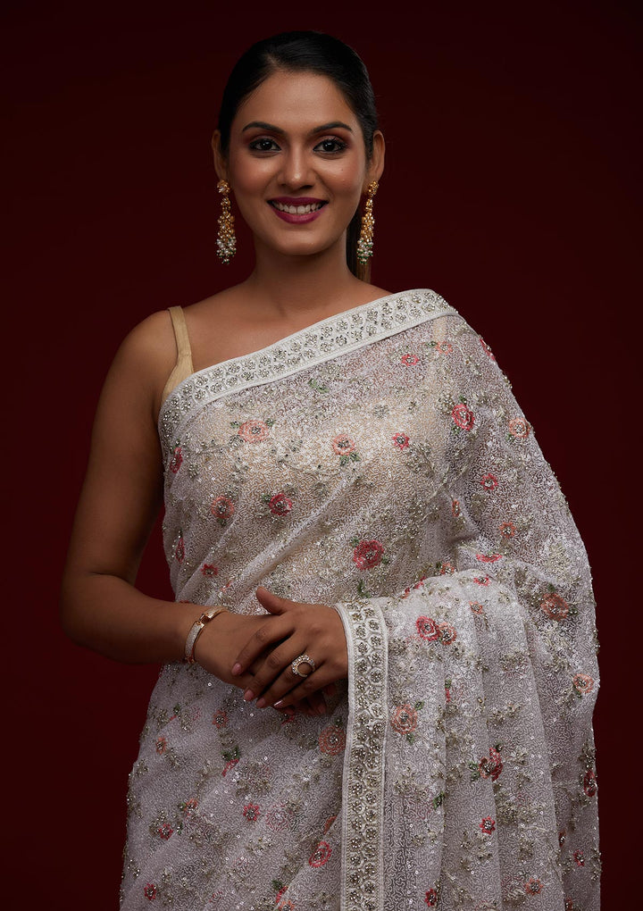 White Sequins Net Designer Saree - Koskii