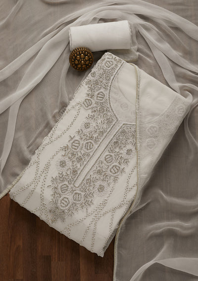 White Silver Stonework Georgette Unstitched Salwar Suit-Koskii
