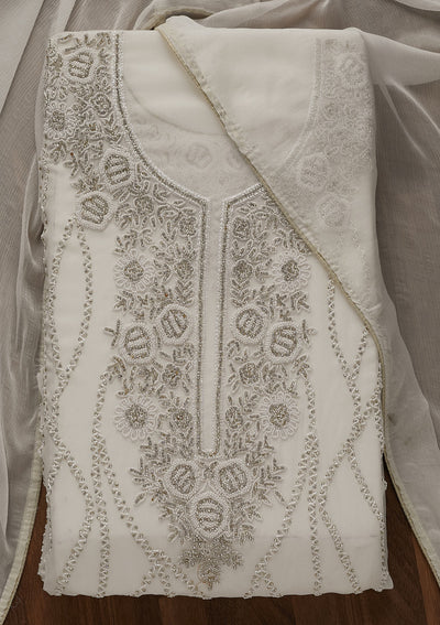 White Silver Stonework Georgette Unstitched Salwar Suit-Koskii