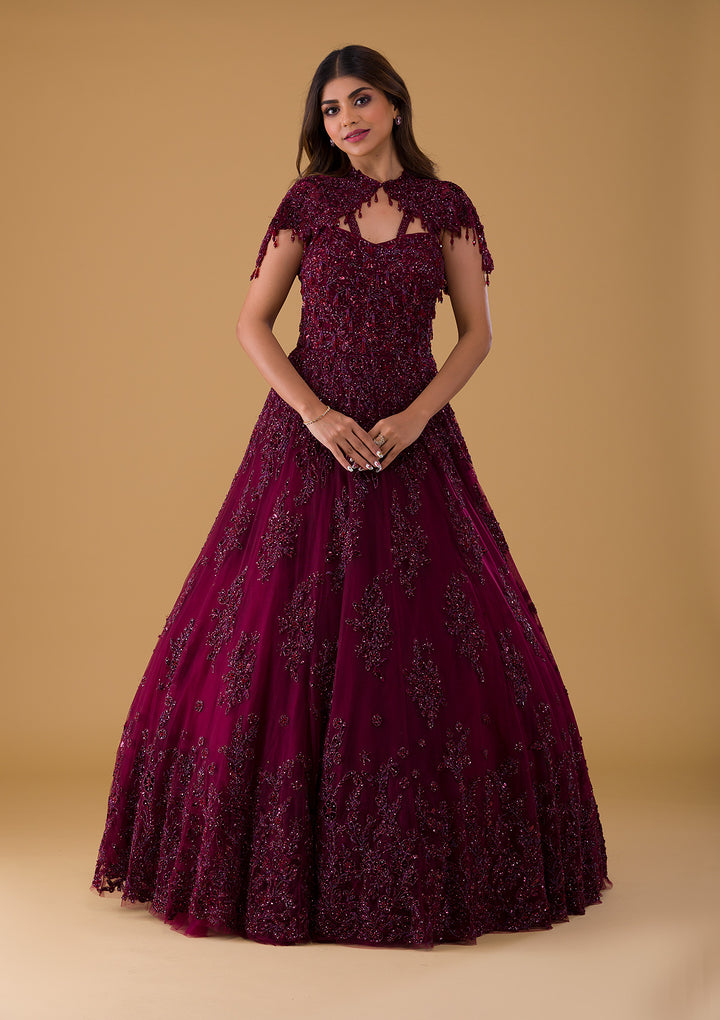 Wine Cutdana Net Gown-Koskii
